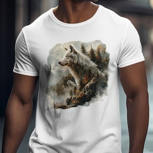 May include: White t-shirt with a watercolor design of a wolf in a forest setting.