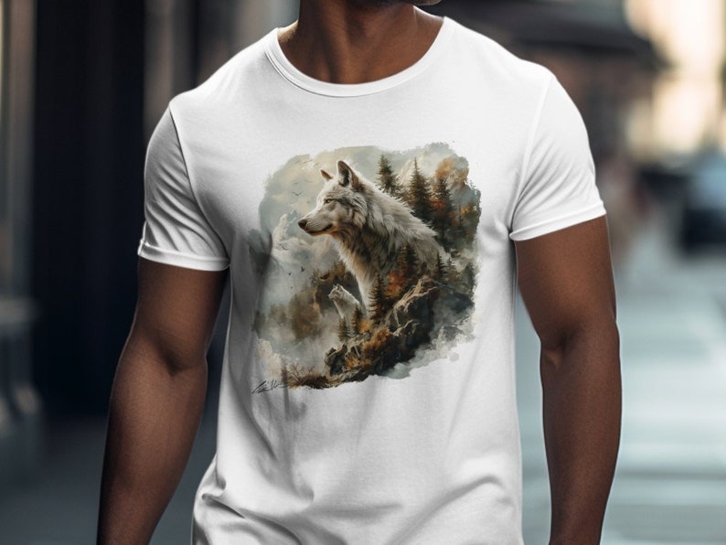May include: White t-shirt with a watercolor design of a wolf in a forest setting.