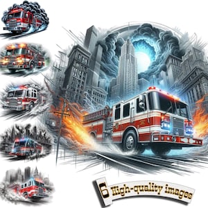 May include: A red fire truck with a white ladder and a black hose drives through a city street with smoke and flames in the background. The truck has a large number "6" on the side. The image is a digital illustration.