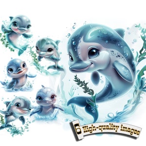 6 cliparts adorables bébés dauphins : 6 images PNG pour des conceptions numériques sur le thème de l'océan et des illustrations de la nature