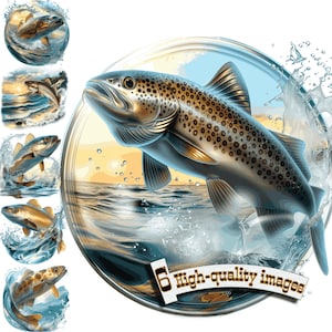 May include: Digital illustration of a brown trout leaping out of water, with a background of a sunset over the ocean. The image includes six high-quality images of fish in water. The fish has brown spots.