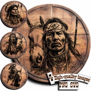 Bunt 4 indianvektorer för design på trä, t-shirts, skiffer, canvas, muggar, lasergravyr. PNG/SVG Skärbräda