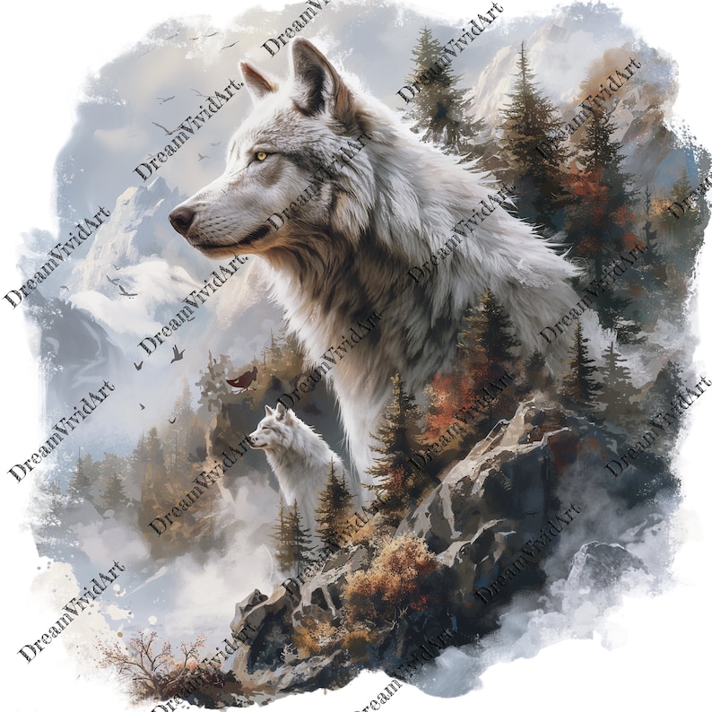May include: A white wolf stands in a mountain landscape with a smaller white wolf in the foreground. The background is a watercolor-style painting of a mountain range with trees and fog.