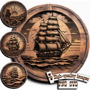 May include: A vintage-style illustration of a tall ship sailing on the ocean. The ship has multiple sails and is depicted in a dark brown color against a light brown wooden background. The image is surrounded by a decorative border.