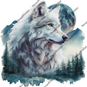 May include: A white wolf with yellow eyes is looking to the right. The wolf is in front of a blue moon and a forest with trees. The background is a watercolor wash of blue and white.