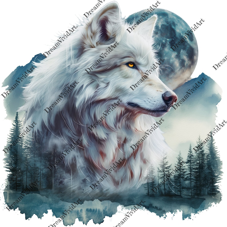 May include: A white wolf with yellow eyes is looking to the right. The wolf is in front of a blue moon and a forest with trees. The background is a watercolor wash of blue and white.