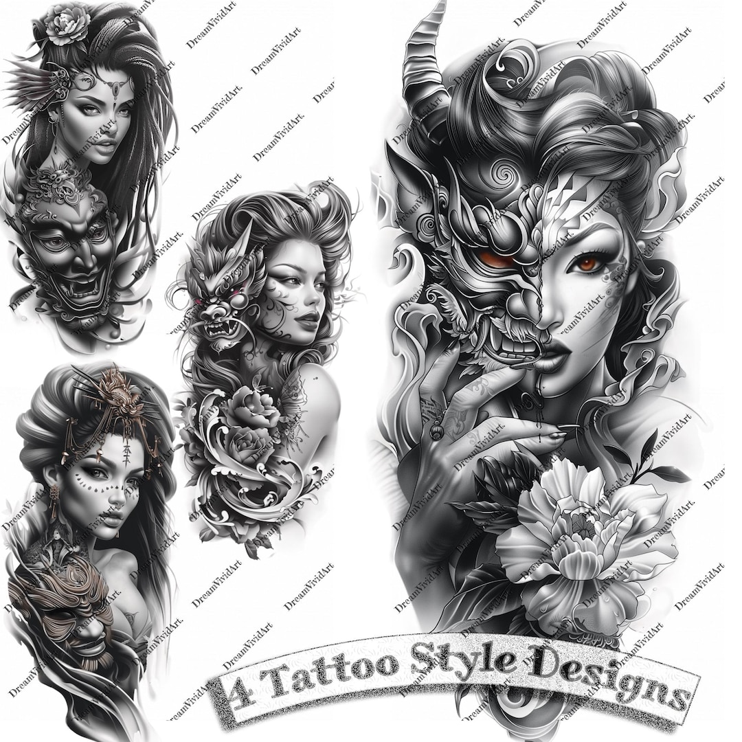 Woman in a Devil's Mask Tattoo Design, Digital Clipart, Woman in a