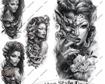 悪魔の仮面をかぶった女性のタトゥーデザイン、デジタルクリップアート