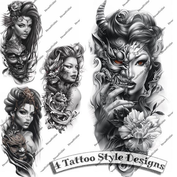悪魔の仮面をかぶった女性のタトゥーデザイン、デジタルクリップアート