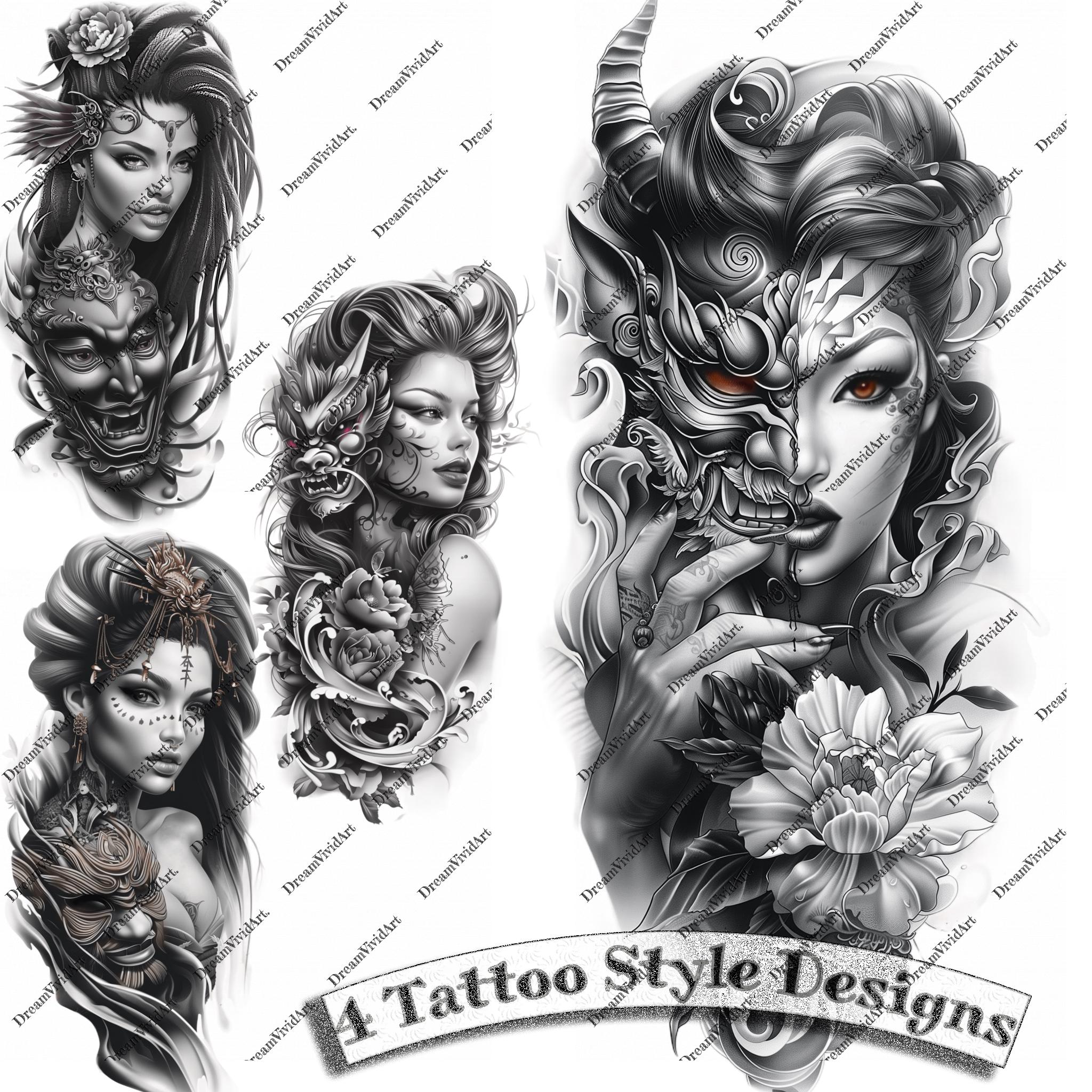Woman in a Devil's Mask Tattoo Design, Digital Clipart, Woman in a