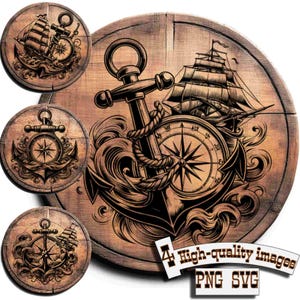 Puede incluir: Una ilustración de estilo vintage de una brújula, un ancla y un barco sobre un fondo de madera. El diseño es en blanco y negro y presenta detalles intrincados. La imagen es perfecta para manualidades y proyectos de temática náutica.