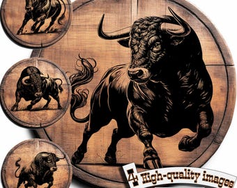 Bundle 4 Bull Vektor für Design auf Holz, T-Shirts, Schiefer, Leinwand, Tassen, Lasergravur. Schneidebrett als PNG / SVG