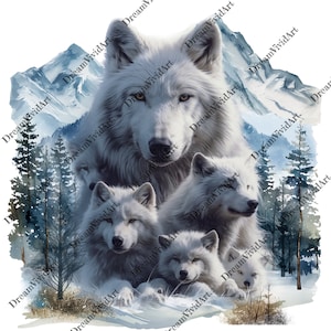 May include: A painting of a white wolf family in a snowy mountain setting. The mother wolf is in the center, with her pups surrounding her. The background is a watercolor painting of a snowy mountain range and trees.
