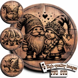 Bundel 4 kerstkabouters, vector voor ontwerp op hout, T-shirts, leisteen, canvas, mokken, lasergravure. PNG/SVG. Snijplank snijden.