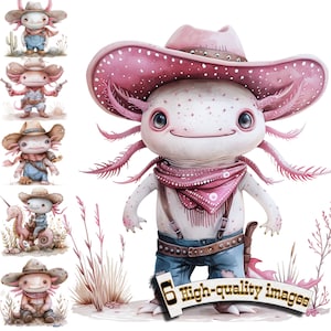 6 Axolotl Cowboy Clipart, süßes Axolotl PNG, Axolotl Cowboy Sublimation, Axolotl bedruckbar, süße Wassertiere