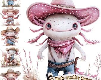 May include: A pink and white axolotl wearing a pink cowboy hat with a brown band, a red bandana, and blue jeans. The axolotl is standing on a white background with green grass and flowers.
