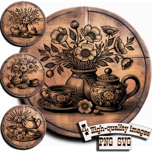 Pode incluir: Quatro ilustrações redondas de grão de madeira de um arranjo floral com um bule de chá e xícaras de chá. O arranjo floral está em um vaso e as xícaras de chá estão em um pires. As ilustrações são de estilo vintage com um esquema de cores marrom escuro e preto.