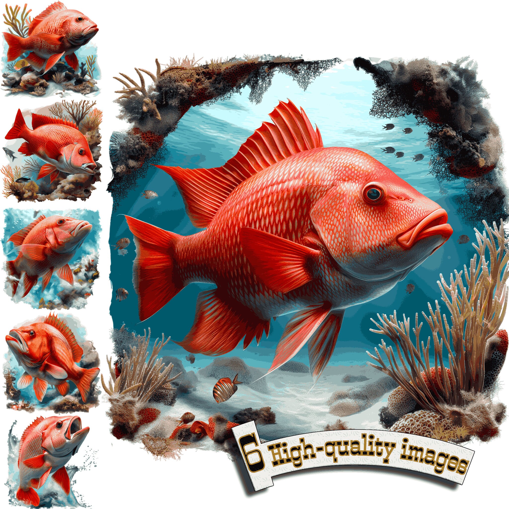 6 Red Snapper Clipart PNG: Fishing Digital Graphics for Instant