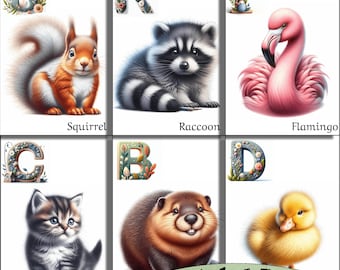 26 English Animal Alphabet Cards - A-Z Letters, Printable ABCs, Commercial Use