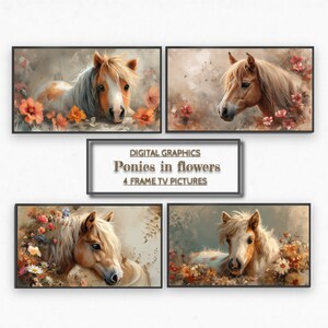 May include: Four digital paintings of ponies in a field of flowers. Each painting features a different pony with a unique coat colour and pose. The ponies are surrounded by colourful flowers and greenery.