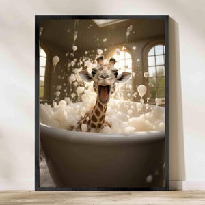 May include: A giraffe with a wide open mouth is taking a bath in a white bathtub filled with bubbles. The giraffe is surrounded by white bubbles and is looking directly at the camera.