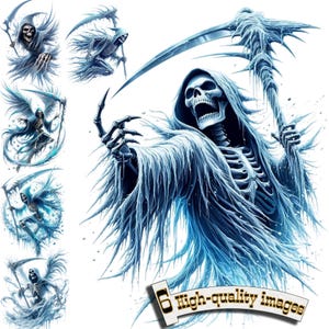 May include: A digital illustration of a skeletal figure in a blue hooded robe, holding a scythe. The figure is surrounded by swirling blue mist. The image is part of a set of six high-quality images.