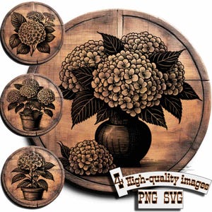 May include: A vintage-style illustration of a bouquet of hydrangeas in a vase, with a woodgrain background. The image is in black and white and has a rustic feel.