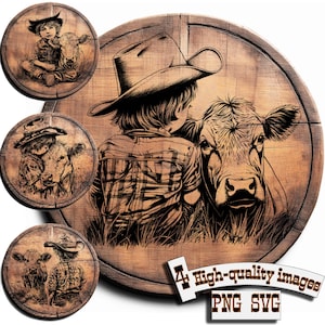 May include: A black and white illustration of a cowboy wearing a hat and a plaid shirt, sitting next to a cow. The image is on a wooden background with the text "4 High-quality images PNG SVG".