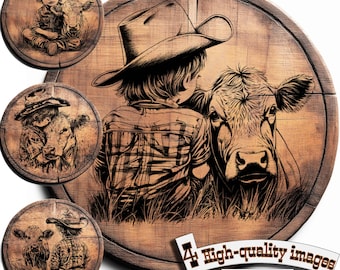 Bundle 4 Cute cowboy vector for design on wood, t-shirts, slate, canvas, mugs, laser engraving. PNG/SVG Сutting board