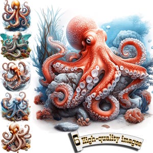 6 Octopus Clipart, Octopus Clipart PNG, Digital Graphic, Instant Download, Octopus printable, sublimation design