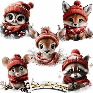 8 animaux de Noël Clipart PNG, aquarelle clipart PNG, clipart animaux de Noël, usage Commercial, clipart nouvel an, clipart Noël