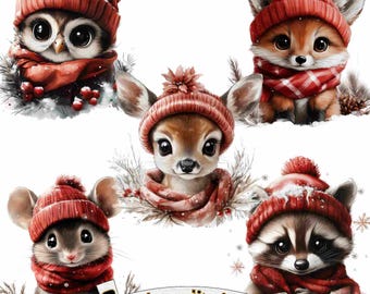 8 つのクリスマス動物のクリップアート PNG、水彩クリップアート PNG、クリスマス動物のクリップアート、商用利用、新年のクリップアート、クリスマスのクリップアート