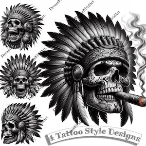 Projekt tatuażu z czaszką Indianina Ameryki Północnej, grafika cyfrowa, grafika wektorowa z czaszką Azteków, grafika wektorowa z tatuażem Indianina, grafika tatuażu
