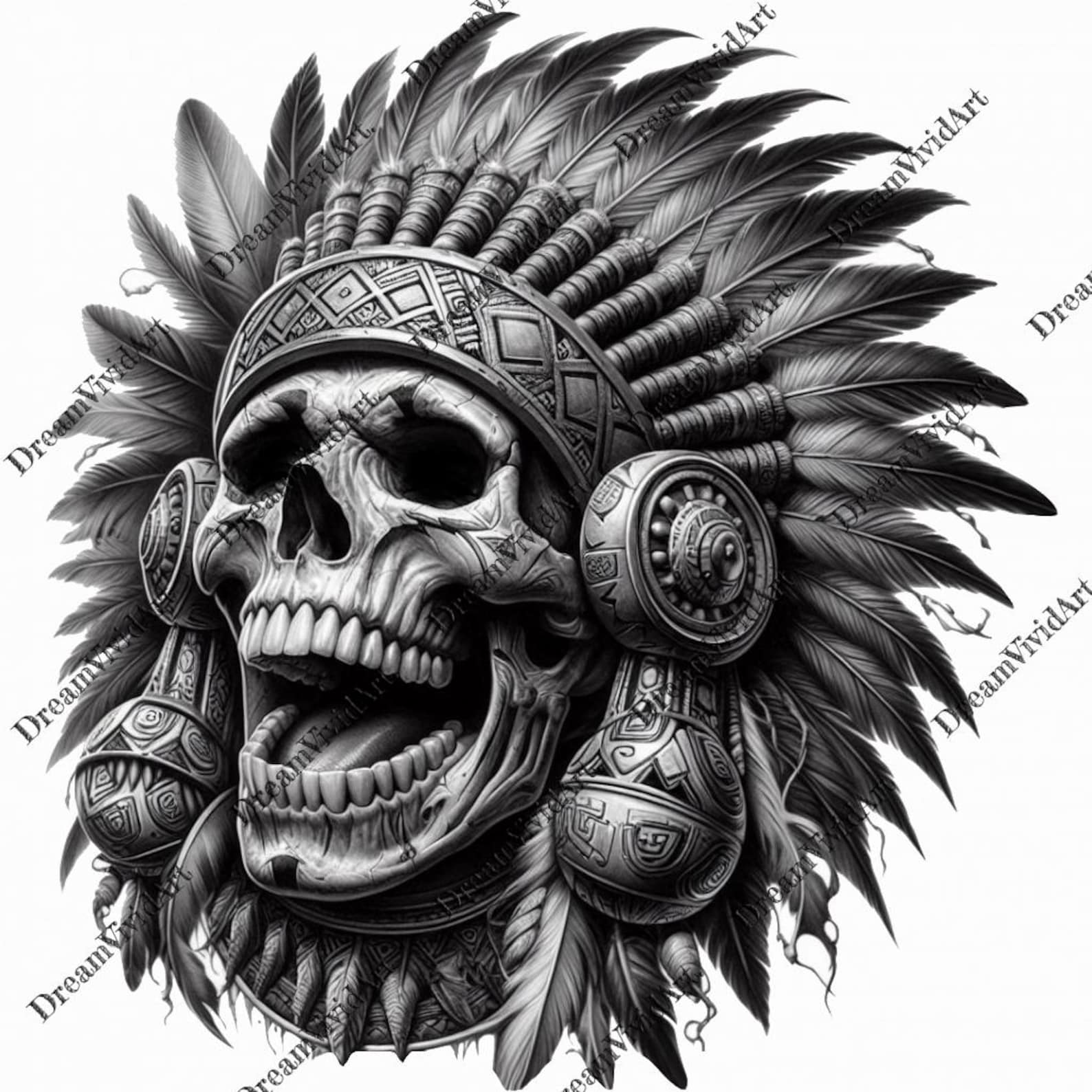 Native American Skull Tattoo Design, Digital Clipart, Aztec Skull Clip ...