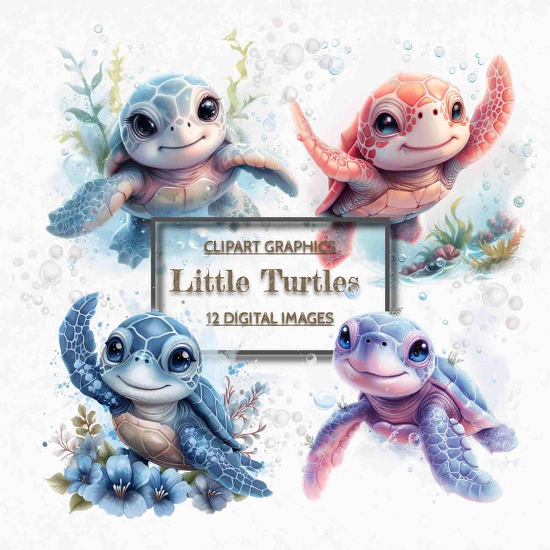 12 Cute Turtle Clipart, Turtle PNG, Turtle in Water, Sublimation Turtle ...
