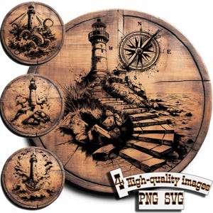 Puede incluir: Un letrero redondo de madera con una ilustración en blanco y negro de un faro en una costa rocosa con escalones que conducen a él. Una rosa de los vientos se encuentra en la esquina superior derecha del letrero. El texto "4 imágenes de alta calidad PNG SVG" está en la parte inferior del letrero.