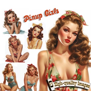 6 Pinup Girl Clipart, High Quality PNG - Digital Download, Card Making, Mixed Media, Digital Paper Craft, Poster Retro Girl