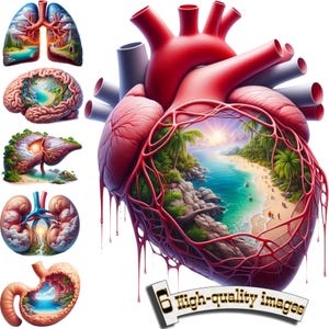 6 Human Organ Anatomy-Heart, Brain, Lungs, Liver, Stomach, Kidney, character Health Doctor Medical clipart set, High Quality PNG