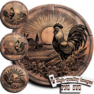 May include: Four round wooden signs featuring a rooster and a farmyard scene. Each sign depicts a rooster with a red comb and a sunburst design. The signs are brown with black details and have a rustic appearance.