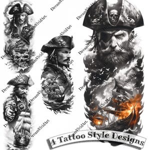 May include: Four black and white tattoo designs featuring a pirate theme. The designs include a pirate with a skull and crossbones, a pirate with a sword, a pirate ship, and a pirate with a skull and crossbones.