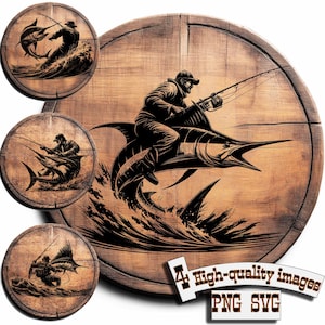 May include: A black and white illustration of a fisherman on a marlin, leaping from the water. The image is on a wooden background with the text "4 High-quality images PNG SVG".