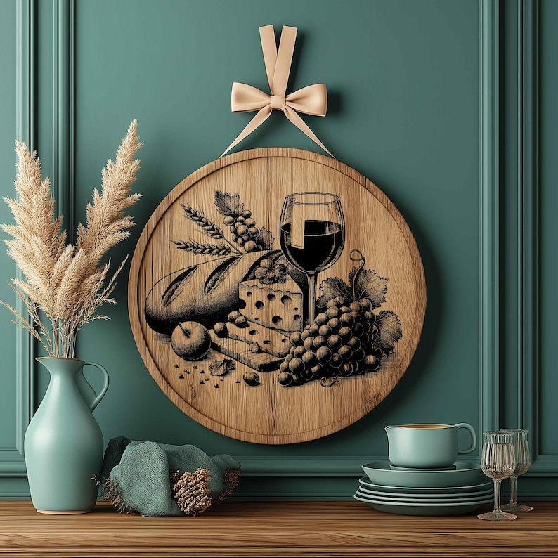 Op de afbeelding: Een ronde houten serveerschaal met een handgetekend ontwerp van een glas rode wijn, kaas, brood en druiven. De schaal is bruin en heeft een natuurlijke houtnerf.