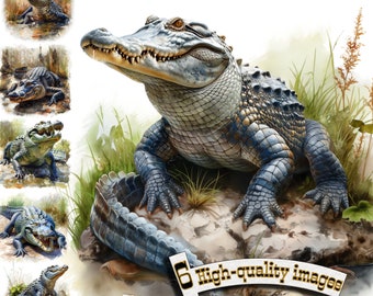 6 Crocodile in swamp, Crocodile Watercolor, Crocodile Clipart, Digital Graphic, Digital Download Graphic, Crocodile T-Short, Alligator print