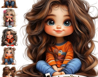 6 Adorable Watercolor Girls Clipart PNG | Printable Nursery Decor | Quirky Junk Journal Fashion Illustrations