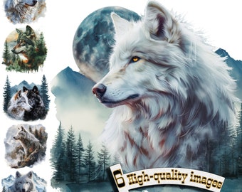 6 Lupi doppia esposizione, Clipart lupo PNG, Grafica digitale, Download istantaneo, Grafica download digitale, Illustrazione della natura