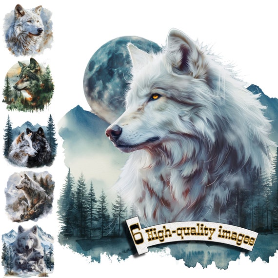 6 Wolves double exposition, Wolf Clipart PNG, Digital Graphic, Instant Download, Digital Download Graphic, Nature Illustration