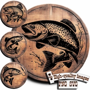 Bundle 4 Trout vector for design on wood, t-shirts, slate, canvas, mugs, laser engraving. PNG/SVG Сutting board
