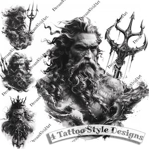Poseidon Tattoo Design, Digital Clipart, Neptune Clip Art, Tattoo Clipart, Tattoo Artwork