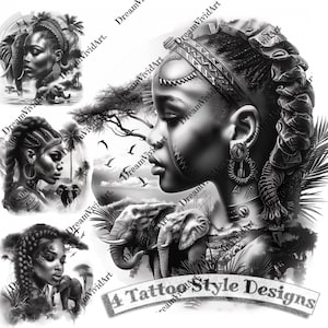 Peut inclure: Illustration en noir et blanc présentant quatre modèles de tatouages. Les dessins mettent en scène des femmes africaines avec des coiffures et des bijoux complexes, ainsi que des éléphants et des paysages africains. Le texte "4 Tattoo Style Designs" est visible.