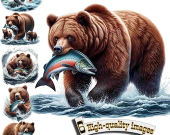 6 Bear catches salmon Clipart, salmon PNG, Fishing, Digital Graphic, Instant Download, salmon printable, sublimation design